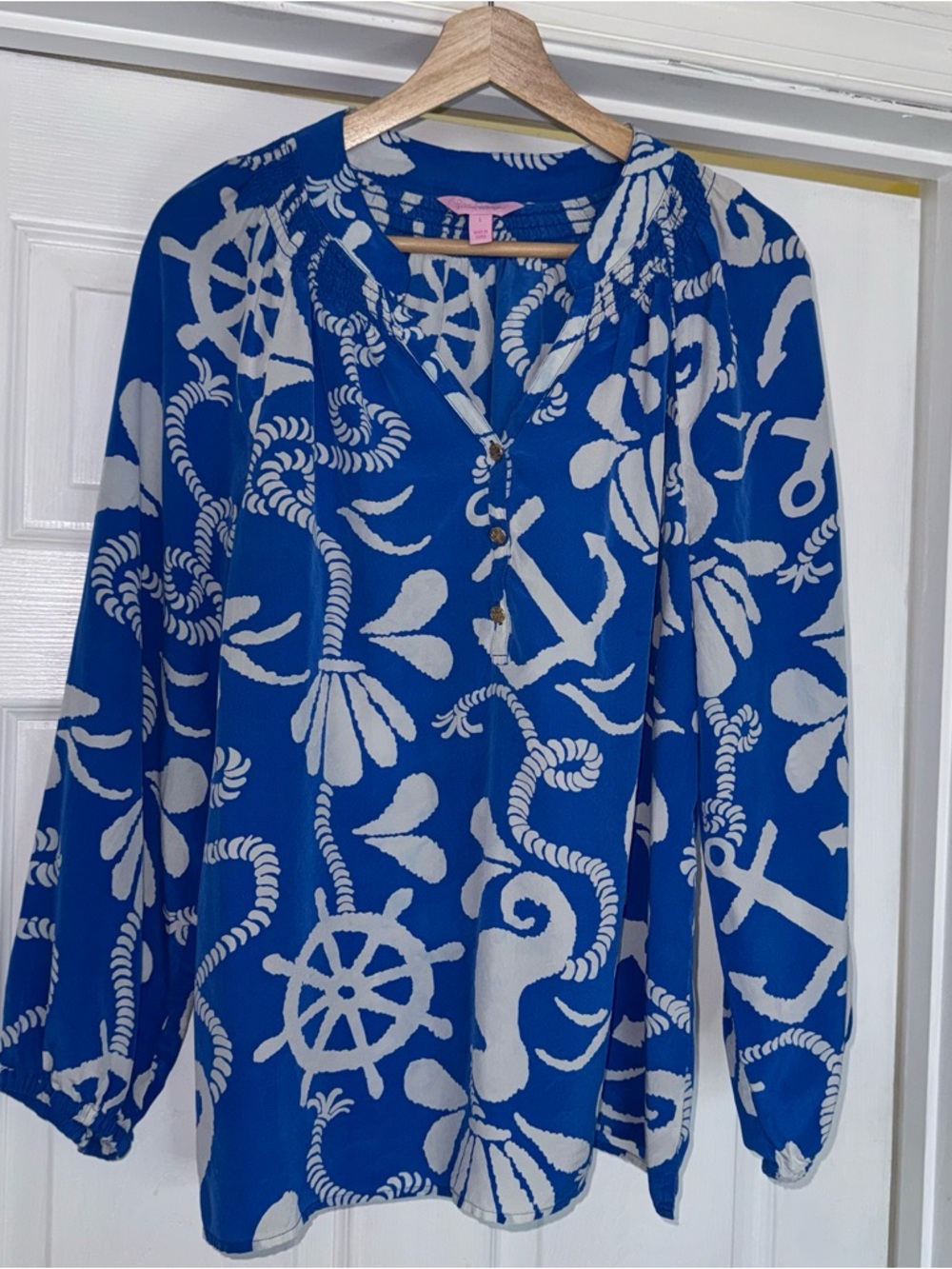 Lilly Pulitzer Elsa Silk Blue White Nautical Print Top Blouse L - Picture 2 of 6